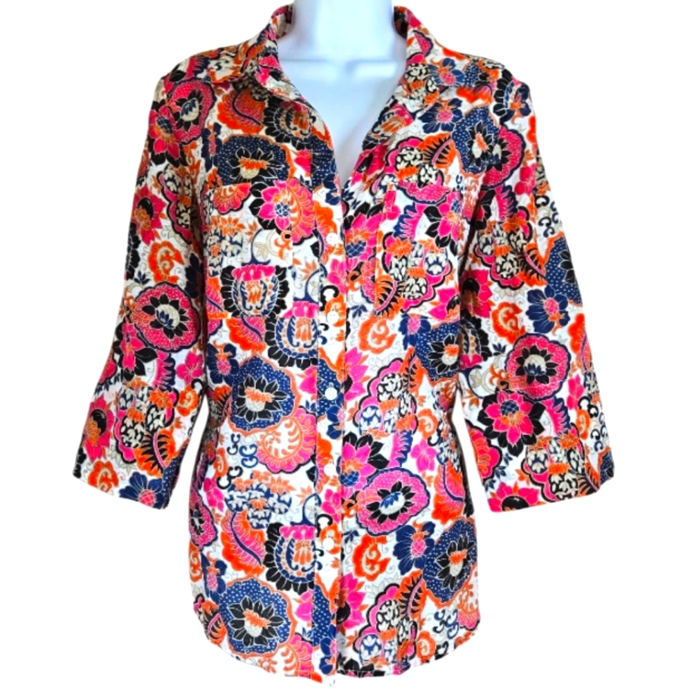 Ann Taylor pink white blue floral paisley silk blouse top Womens 6